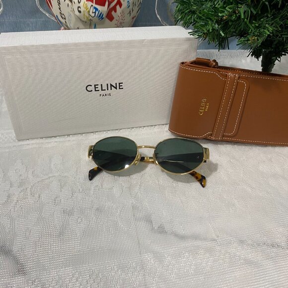 Celine Sunglasses with Gold Frame and Green Lenses main image 4